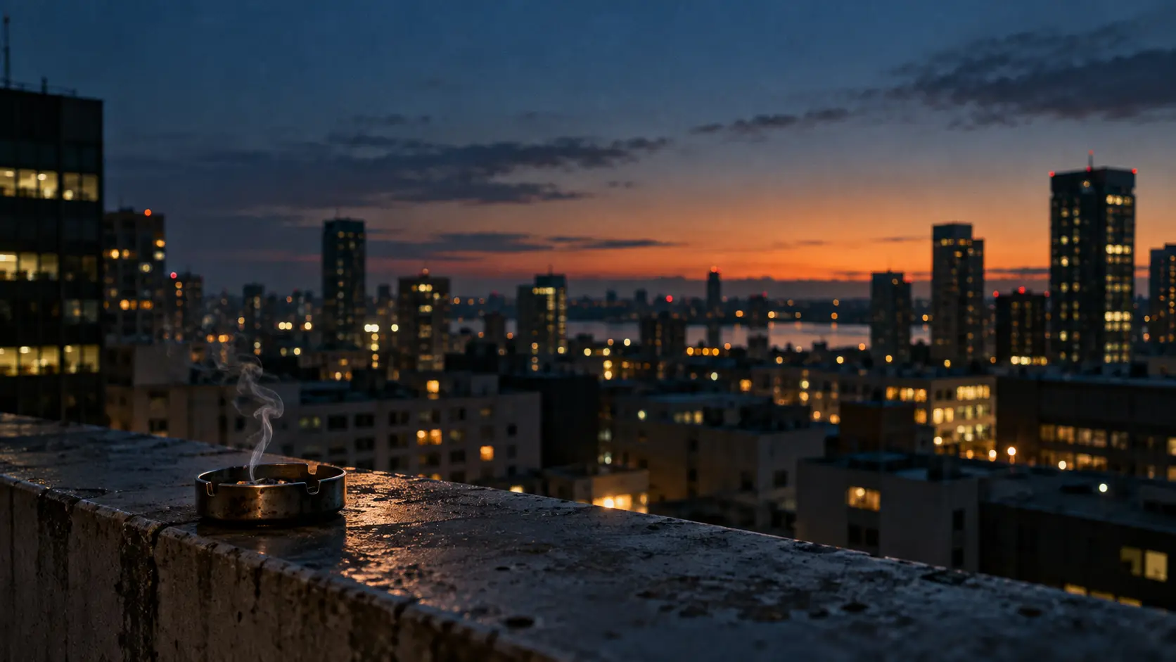 Smoke rising from an ashtray on a rooftop ledge over the city at dusk