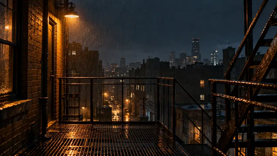 Rain falling on a lit fire escape above a city street at night