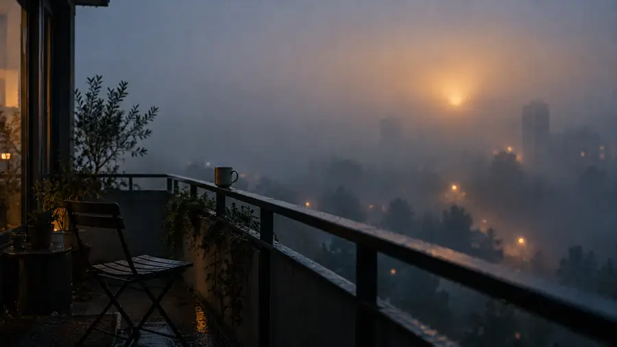 A mug on a foggy balcony railing above a quiet city at dusk