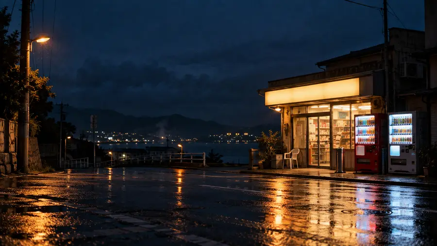 A lit corner convenience store with vending machines on a rainy night