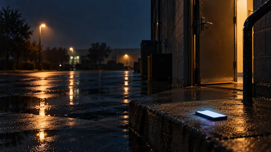 A glowing phone left on a wet back-door step at night